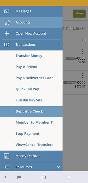 Select transactions then deposit a check