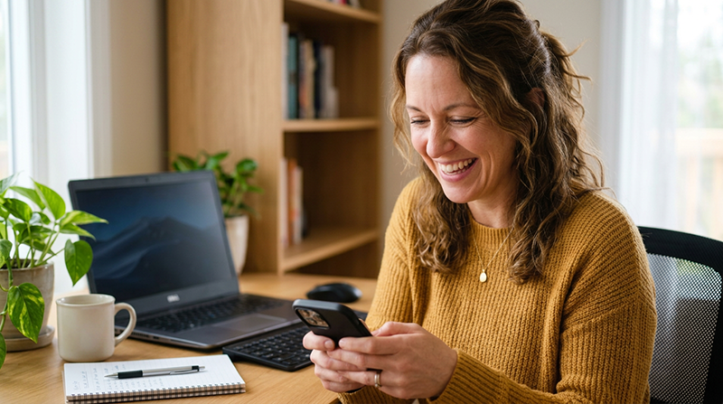 Woman reading text message while working-cropped