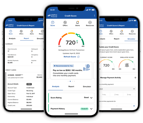 Bellwether's SavvyMoney Credit Score service on several phones 