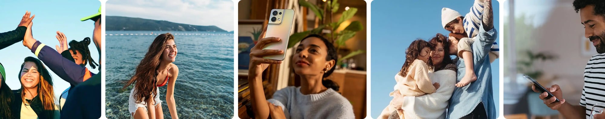 Various images of lifestyles, people holding hands, a woman in the water, a woman on her phone, a family, and a man on his phone.  